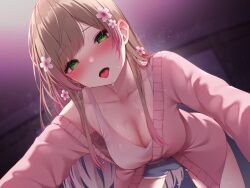 1girl absurdres blue_shorts blush breasts brown_hair cardigan ceiling cleavage collarbone commentary_request flower gradient_hair green_eyes hair_flower hair_ornament highres indoors long_hair long_sleeves looking_at_viewer medium_breasts multicolored_hair night open_mouth original pink_cardigan pink_hair pink_tank_top short_shorts shorts sidelocks solo sweat tank_top toyosaki_shu two-tone_hair very_long_hair