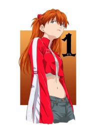 1girl amondetauro crop_top cropped_jacket cropped_legs expressionless grey_eyes grey_shorts interface_headset_(evangelion) jacket looking_to_the_side midriff navel neon_genesis_evangelion orange_hair red_jacket shirt shorts solo souryuu_asuka_langley stomach white_shirt