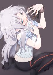 1girl ass blue_eyes blush breasts butt_crack commentary_request deux_murasame grey_hair gundam gundam_gquuuuuux heavy_breathing highres holding holding_mask ikue_fuuji long_hair looking_at_viewer mask open_mouth saliva scarf sitting small_breasts smile solo