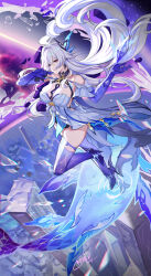 1girl absurdres all-devouring_narwhal_(genshin_impact) breasts chinese_commentary collarbone commentary_request dated dress floating_hair genshin_impact god_hunter hair_ornament highres knee_up large_breasts long_hair looking_at_viewer midair night night_sky parted_lips purple_hands purple_thighhighs red_eyes signature skirk_(genshin_impact) sky solo thighhighs whale white_dress white_hair