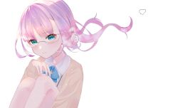 1girl absurdres aqua_eyes blue_bow blue_bowtie bow bowtie drill_hair glasses green_eyes heaven_burns_red highres higuchi_seika medium_hair myth_saka purple_hair solo sweater twin_drills white_background
