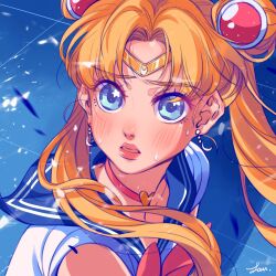 1girl bishoujo_senshi_sailor_moon blonde_hair blue_eyes blue_sailor_collar blush chinese_commentary choker circlet close-up commentary_request crescent crescent_earrings derivative_work double_bun earrings floating_hair hair_bun heart heart_choker highres jewelry layla_lan long_hair looking_up magical_girl meme parted_bangs parted_lips red_choker sailor_collar sailor_moon sailor_moon_redraw_challenge_(meme) sailor_senshi_uniform screenshot_redraw signature solo sweatdrop tsukino_usagi twintails