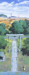 architecture blue_sky cloud copyright_request day east_asian_architecture from_above grass highres no_humans oga_kazuo outdoors painting_(medium) path road rural scan scenery shrine sky stone_torii stone_walkway third-party_source torii traditional_media tree wide_shot