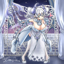 1girl bare_shoulders blush breasts cleavage comic_hand demon_girl demon_horns demon_wings dress drill_hair duel_monster earrings full_body grey_eyes grey_hair grey_wings heart holding holding_weapon horns jewelry large_breasts lovely_labrynth_of_the_silver_castle pointy_ears signature solo standing strapless strapless_dress twin_drills weapon white_dress wings yu-gi-oh!