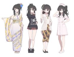1girl absurdres alternate_costume black_choker black_hair black_shoes blue_archive blue_flower choker closed_eyes closed_mouth cosplay dress floral_print flower full_body green_eyes hair_flower hair_ornament hand_on_own_hip hat highres hood hoodie hoplitx japanese_clothes kayoko_(blue_archive) kayoko_(blue_archive)_(cosplay) kimono long_hair long_sleeves multiple_views nurse nurse_cap obi original sash shoes short_sleeves simple_background skirt standing white_background wide_sleeves