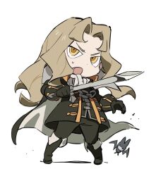1boy alucard_(castlevania) ascot bat_(animal) black_coat black_footwear black_gloves black_pants blonde_hair castlevania:_symphony_of_the_night castlevania_(series) chain chibi coat commentary dhampir dot_nose english_commentary fang full_body gloves half-human highres holding holding_sword holding_weapon jeto_(jetopyon) long_hair long_sleeves male_focus obakeidoro! open_mouth pants simple_background solo standing sweatdrop sword undead v-shaped_eyebrows vampire weapon white_ascot white_background yellow_eyes
