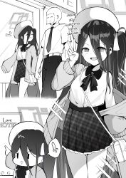 Rule 34 | 1boy, 1girl, absurdres, aris (blue archive), bag, bald, blue archive, buttons, closed eyes, clover dot (clov erd), commentary, doodle sensei (blue archive), english commentary, greyscale, hair between eyes, halo, hat, highres, jacket, long hair, long sleeves, monochrome, necktie, open clothes, open jacket, open mouth, pants, paper on head, pointing, rectangular halo, revision, sensei (blue archive), shirt tucked in, shoulder bag, skirt, smile, speech bubble, sword, triangle mouth, v, very long hair, weapon