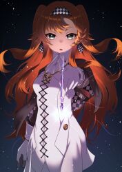 1girl :o casting_spell checkered_hairband collared_dress dark_background dress glass_pen gloves glowing green_eyes hairband high_collar highres holding holding_pen light_particles long_hair looking_at_viewer milmil7 orange_hair outstretched_arm pen reverse:1999 short_dress solo sonetto_(reverse:1999) upper_body very_long_hair white_dress white_gloves