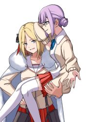 2girls blonde_hair breasts cape carrying carrying_person drill_hair flower fur-trimmed_cape fur_trim glasses green_eyes grey_eyes hair_flower hair_ornament heaven_burns_red highres higuchi_seika jacket long_sleeves medium_hair minase_ichigo multiple_girls purple_hair rose shirt short_hair twin_drills white_background yuri