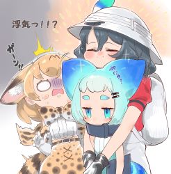 3girls =_= ^^^ absurdres animal_ear_fluff animal_print backpack bag belt black_collar black_gloves black_hair blank_eyes blonde_hair blue_eyes blush bow bowtie center_frills collar ears_down elbow_gloves expressionless extra_ears frills gloom_(expression) gloves hair_between_eyes hair_ornament hairclip happy hat hat_feather highres hug hug_from_behind jitome kaban_(kemono_friends) kemono_friends lucky_beast_(kemono_friends) multiple_girls nervous_sweating notora o_o open_mouth personification print_bow print_gloves print_neckwear print_skirt red_shirt serval_(kemono_friends) serval_tail shirt short_hair short_sleeves skirt sleeveless sleeveless_shirt smile sparkle sweat tail traditional_bowtie translated turn_pale two-tone_bow two-tone_bowtie white_gloves white_headwear white_shirt