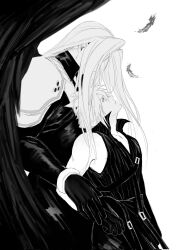 2boys armor black_gloves bracer cloud_strife covered_face falling_feathers feathered_wings feathers final_fantasy final_fantasy_vii final_fantasy_vii_advent_children from_side gloves greyscale hashtag-only_commentary highres long_bangs long_coat long_hair long_sleeves looking_at_another looking_down looking_up male_focus monochrome multiple_boys parted_bangs pauldrons sephiroth short_hair shoulder_armor shoulder_strap simple_background single_wing sketch spiked_hair upper_body vest white_background wings ynaqq