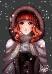 1girl alternate_costume black_gloves buttons celica_(fire_emblem) coat fire_emblem fire_emblem_echoes:_shadows_of_valentia gloves heart heart_in_eye highres hinahaii hood hooded_coat hot_chocolate long_hair looking_at_viewer nintendo red_eyes red_hair smile snow snowing symbol_in_eye winter winter_clothes winter_coat