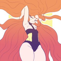 1girl absurdres arm_up armpits arms_behind_head bare_hips bare_shoulders ben_10 ben_10_(reboot) black_leotard breasts colored_sclera covered_erect_nipples cowboy_shot erogaki eyelashes female_focus frightwig highres kaikoinu leotard loli long_hair looking_at_viewer multicolored_leotard naughty_face orange_hair pale_skin purple_eyes simple_background small_breasts smile solo thick_eyebrows thighs two-tone_background two-tone_leotard very_long_hair white_background yellow_background yellow_leotard yellow_sclera