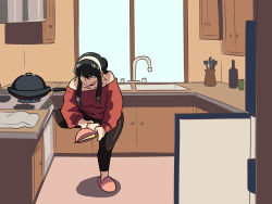 1girl assassin bare_shoulders black_hair cooking dog dress full_body green_eyes hairband highres indoors kitchen meme multiple_girls pants shirt sink slippers solo spy_x_family standing standing_on_one_leg stove tina_fate weapon window wok yoga_pants yor_briar