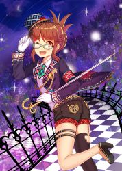 Rule 34 | 1girl, ;d, aiguillette, akizuki ritsuko, armband, asymmetrical legwear, bad id, bad pixiv id, belt, black jacket, black shoes, black thighhighs, blue-framed eyewear, blunt bangs, blush, bow, breasts, brown eyes, brown hair, brown shorts, buckle, cane, center frills, checkered floor, cityscape, cloud, clubs, crescent moon, earrings, female focus, folded ponytail, frills, from behind, garter straps, gem, glasses, glint, gloves, gold trim, green necktie, hand up, hat, hat bow, hat ribbon, high heels, highres, holding, idolmaster, idolmaster (classic), jacket, jewelry, leg up, light particles, long sleeves, looking at viewer, looking to the side, matching hair/eyes, medium breasts, mini hat, mini top hat, moon, necktie, night, night sky, one eye closed, open mouth, outdoors, plaid clothes, plaid headwear, plaid necktie, plaid neckwear, pocket, ratio (ratio-d), red bow, red ribbon, ribbon, shirt, shoes, shooting star, short necktie, shorts, sidelocks, single thighhigh, sky, smile, solo, sparkle, standing, standing on one leg, star (symbol), tassel, thigh strap, thighhighs, top hat, uneven legwear, white gloves, white shirt