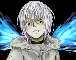 Rule 34 | 1boy, accelerator (toaru majutsu no index), albino, awakening (toaru), black background, black choker, blue wings, choker, clenched teeth, commentary, energy wings, fur-trimmed jacket, fur trim, hair between eyes, highres, jacket, looking at viewer, negiko123123, pale skin, red eyes, short hair, solo, sternocleidomastoid muscle, teeth, toaru majutsu no index, upper body, white hair, white jacket, wings, winter clothes