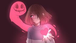 akumu_(glitchtale) background-color bete_noire brown_hair glitchtale highres kumu_(glitchtale) pink_eyes pink_hair pink_heart pink_sweater purple_sweater short_hair smile sweater undertale watermark