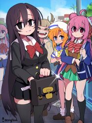 5girls absurdres artist_name ashley_graves bag black_eyes black_hair black_thighhighs blue_eyes boku_no_hero_academia bongfill breasts brown_eyes brown_hair brown_vest commentary cowboy_shot gasai_yuno group_picture happy_sugar_life highres higurashi_no_naku_koro_ni holding holding_bag holding_knife katsura_kotonoha knife large_breasts long_hair matsuzaka_satou mirai_nikki multiple_girls open_mouth orange_hair pink_hair ryuuguu_rena school_days shirt short_hair sweater symbol-only_commentary the_coffin_of_andy_and_leyley thighhighs toga_himiko trait_connection vest when_you_see_it white_shirt yandere