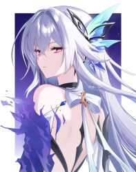 1girl back border closed_mouth commentary ego_(ego_inp) from_behind genshin_impact hair_intakes hair_ornament highres long_hair looking_at_viewer looking_back pink_eyes purple_background skirk_(genshin_impact) solo twitter_username upper_body white_border white_hair