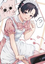 Rule 34 | 1boy, ?, @ @, absurdres, apron, black hair, blue archive, blue archive the animation, blush, bow, bowtie, brown eyes, cosplay, crossdressing, dress, highres, holding, holding unworn clothes, holding unworn dress, maid, maid apron, maid headdress, male focus, male maid, open mouth, pink bow, pink bowtie, pink dress, sakata shougo, sakata shougo (cosplay), sensei (blue archive), sensei (blue archive the animation), sera razere, short hair, short sleeves, simple background, skirt hold, smile, spoken question mark, striped bow, striped bowtie, striped clothes, voice actor connection