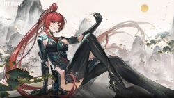 Rule 34 | artist request, bird, boots, china dress, chinese clothes, dress, headband, high heels, highres, leg up, long hair, looking at viewer, mechanical arms, mole, mountain, official art, ponytail, punishing: gray raven, red eyes, red hair, sitting, smile, sun, tree, vera: garnet (pgr), vera (pgr), xtears kitsune