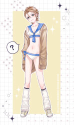 1girl ? absurdres bikini blue_neckerchief blue_sailor_collar blush breasts brown_cardigan brown_hair cardigan cleavage closed_mouth collarbone full_body green_eyes head_tilt highres idolmaster idolmaster_cinderella_girls kimura_natsuki kumatsuki_(no-kirin) leg_warmers long_sleeves looking_at_viewer navel neckerchief open_cardigan open_clothes outline sailor_bikini sailor_collar sailor_swimsuit_(idolmaster) shoes short_hair sleeves_past_fingers sleeves_past_wrists sneakers solo sparkle speech_bubble spoken_question_mark standing sweatdrop swimsuit white_bikini white_outline yellow_shoes
