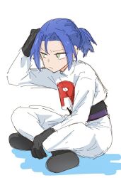 Rule 34 | 1boy, black boots, black gloves, blue hair, boots, gloves, green eyes, james (pokemon), logo, male focus, meta-g (curc8737), nintendo, pokemon, pokemon (anime), pokemon (classic anime), ponytail, sitting, solo, solo focus, team rocket, team rocket uniform, white background