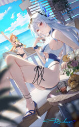2girls absurdres ahoge alternate_costume arm_up bare_legs bare_shoulders bikini black_bikini black_choker blue_nails blue_one-piece_swimsuit blue_sky breasts casual_one-piece_swimsuit choker cleavage collarbone commentary_request crossed_legs cup cutout_above_navel day drinking_glass dutch_angle eyewear_on_head facing_viewer feet finger_to_mouth front-tie_bikini_top front-tie_top genshin_impact grey_hair hair_between_eyes hair_ornament hand_up high_heel_sandals highres holding holding_surfboard large_breasts legs long_hair looking_at_viewer mavuika_(genshin_impact) multi-strapped_bikini_bottom multiple_girls nail_polish navel ocean one-piece_swimsuit open_mouth orange_hair outdoors parted_lips raidriar_18 red_eyes sandals signature skirk_(genshin_impact) sky smile stomach sunglasses surfboard swimsuit thighs toes underboob very_long_hair waving