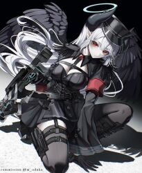1girl armband belt black_belt black_boots black_dress black_gloves black_horns black_thighhighs black_wings blue_gemstone blue_halo boots breasts chest_belt collared_dress commission demon_horns dress epaulettes feathered_wings finger_on_trigger floating_hair gem gloves gradient_background grey_hair gun hair_between_eyes halo hand_on_floor highres holding holding_gun holding_weapon horns knee_boots large_breasts long_hair long_pointy_ears long_sleeves looking_at_viewer moduku o-ring o-ring_thigh_strap on_one_knee original parted_lips pleated_dress pointy_ears red_armband red_eyes red_gemstone shadow solo teeth thigh_belt thigh_strap thighhighs traditional_halo twitter_username very_long_hair weapon wide_sleeves wings