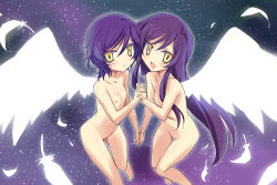 00s 2boys androgynous angel angel_wings bad_id bad_pixiv_id blush eeeeee flat_chest flying gundam gundam_00 holding_hands long_hair male_focus multiple_boys nipples nude purple_hair short_hair sky space thigh_gap thighs tieria_erde trap wings yellow_eyes
