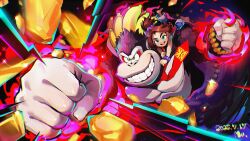 1girl artist_name banana barefoot bracelet brown_hair dated debris donkey_kong donkey_kong_(series) donkey_kong_bananza food freckles fruit glowing_fist gorilla grin jewelry mu_(mu_963) necktie nintendo pauline_(mario) pauline_(young)_(mario) punching red_necktie smile