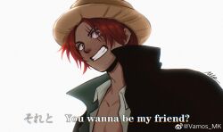 Rule 34 | 1boy, adam&#039;s apple, backlighting, black coat, bright pupils, coat, collarbone, commentary, derivative work, english commentary, english text, grin, highres, male focus, mixed-language text, one piece, red hair, scar, scar across eye, scar on face, screenshot redraw, shanks (one piece), short hair, simple background, smile, solo, sparse stubble, vamos mk, we are! (one piece), white background, white pupils