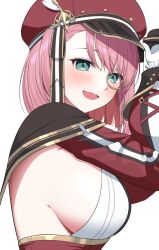 1girl aqua_eyes bare_shoulders black_ribbon blush bow breasts camera charlotte_(genshin_impact) detached_sleeves dress feathers genshin_impact gloves green_eyes hat hat_feather highres kikata_(hata_nanokana) large_breasts long_sleeves looking_at_viewer monocle newsboy_cap open_mouth pink_hair puffy_detached_sleeves puffy_sleeves red_dress red_sleeves ribbon shirt short_hair sideboob swept_bangs teeth upper_body white_gloves white_shirt
