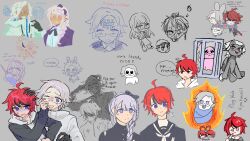 2girls 4boys aotsuki_eito black_hair chibi english_text genderswap genderswap_(ftm) genderswap_(mtf) glasses grey_background maruko_gaku multicolored_hair multiple_boys multiple_girls nagisa_(blue_archive) omokage_yugamu purple_eyes red_hair shizuhara_hiruko simple_background sketch speech_bubble tagme the_hundred_line_-last_defense_academy- thought_bubble white_hair