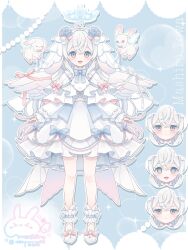 angel_wings animal_companion ankle_strap_shoes bad_tag blue_eyes blue_flower blue_rose bow bowtie crown double_bun dress floating flower frills full_body hair_bun hair_flower hair_ornament heart highres indie_virtual_youtuber layered_skirt long_hair masiro_towa multiple_views namiki_itsuki pastel_color_scheme rabbit reference_sheet ribbon rose skirt solo tiara twintails watermark white_dress white_hair winged_rabbit wings