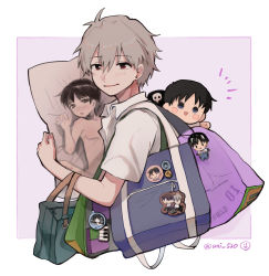 1boy dakimakura_(object) dango_(uni_520) fan highres ikari_shinji charm_(object) nagisa_kaworu neon_genesis_evangelion nude pillow stuffed_toy sachiel_(evangelion) school_uniform solo tokyo-3_middle_school_uniform