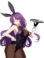 absurdres animal_ear_hairband animal_ears bow bowtie breasts brown_eyes cleavage covered_navel curtained_hair eiyuu_densetsu fake_animal_ears fingerless_gloves fishnet_pantyhose fishnets floating_hair ghosthetoast2 gloves hairband half_gloves highleg highleg_leotard highres holding holding_plate kuro_no_kiseki_(series) large_breasts leotard long_hair looking_at_viewer pantyhose parted_bangs plate playboy_bunny purple_hair purple_leotard rabbit_ear_hairband rabbit_ears renne_(eiyuu_densetsu) simple_background smile strapless strapless_leotard traditional_bowtie white_background white_wrist_cuffs wrist_cuffs