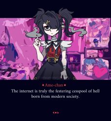 1girl ame-chan_(needy_girl_overdose) arm_up bandaged_arm bandages bedroom black_eyes black_hair bookshelf cigarette dialogue_box earrings english_text eyeshadow hair_ornament hair_over_one_eye hatsune_miku heart heart_earrings helltaker holding holding_cigarette jewelry letterboxed makeup messy_room multicolored_nails multiple_scars neck_ribbon needy_girl_overdose outside_border pink_background red_eyeshadow ribbon scar scar_on_arm short_twintails sidelocks skirt smoking solo suspender_skirt suspenders tempusumbra twintails upper_body vase vocaloid winged_sleeves wrist_cutting x_hair_ornament