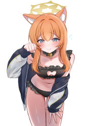 1girl animal_ear_fluff animal_ears bell bikini black_bikini blue_archive blush breasts cat_ears cat_tail closed_mouth clothing_cutout collarbone commentary fingernails frilled_bikini frills grid_background halo highres jacket leaning_forward long_hair looking_at_viewer mari_(blue_archive) miyai_(myai04) navel neck_bell orange_hair paw_pose small_breasts smile solo stomach swimsuit tail thighs track_jacket yellow_halo