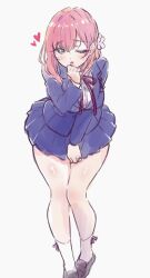 Rule 34 | 1girl, black shoes, blazer, blue jacket, blue skirt, breasts, commentary request, flower, green eyes, hair flower, hair ornament, hanazono hakari, hand on own chin, heart, highres, jacket, kimi no koto ga dai dai dai dai daisuki na 100-nin no kanojo, large breasts, leaning forward, loafers, long sleeves, looking at viewer, neck ribbon, ohananomitsu high school uniform, one eye closed, parted lips, pink flower, pink hair, pleated skirt, red ribbon, ribbon, school uniform, shoes, short hair, simple background, skirt, skirt tug, socks, solo, standing, thick thighs, thighs, white background, white socks, yano akane