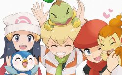 Rule 34 | 1girl, 2boys, :d, ;d, arm up, barry (pokemon), beanie, black hair, blonde hair, bracelet, chimchar, closed eyes, dawn (pokemon), eyelashes, gen 4 pokemon, green scarf, grey eyes, grin, hair ornament, hairclip, hand up, hat, heart, highres, jacket, jewelry, long hair, lucas (pokemon), multiple boys, nakikot t, nintendo, one eye closed, open mouth, piplup, pokemon, pokemon (creature), pokemon dppt, scarf, sidelocks, smile, striped clothes, striped jacket, teeth, turtwig, upper teeth only, white background, white hat