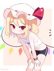 1girl bare_shoulders blonde_hair border closed_mouth commentary english_commentary fang flandre_scarlet gym_uniform hand_on_own_thigh highres loli looking_at_viewer paid_reward_available red_eyes smartwatch solo sseopik sweat touhou watch white_border white_hair wristwatch