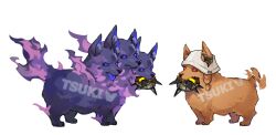 afterimage animal animal_ear_fluff animal_focus animalization arknights ceobe_(arknights) chinese_commentary commentary_request dog ears_through_headwear hat mouth_hold no_humans originium_slug_(arknights) purple_eyes red_eyes signature simple_background tail tail_wagging tri-maw_(arknights) tsukihana_l watermark white_background white_hat