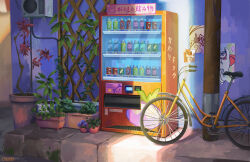 absurdres artist_name bicycle condenser_unit english_text ethvarra flower highres lattice moss no_humans original outdoors plant poster_(object) potted_plant scenery sign signature translation_request utility_pole vending_machine