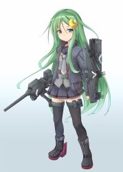 Rule 34 | 1girl, adapted costume, adapted turret, black jacket, black serafuku, black skirt, black thighhighs, cannon, commentary request, crescent, crescent hair ornament, full body, gradient background, green background, green eyes, green hair, grey necktie, hair ornament, highres, jacket, kantai collection, long hair, looking at viewer, machinery, minosu, nagatsuki (kancolle), necktie, original remodel (kantai collection), pleated skirt, school uniform, serafuku, ship turret, skirt, solo, standing, thighhighs, white background