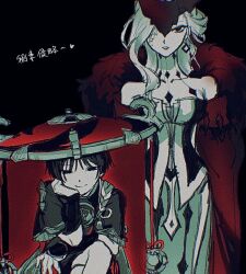 1boy 1girl arm_on_knee arm_support armor bare_shoulders black_background black_bodysuit black_eyes black_hair black_hat black_kimono black_mask black_sleeves blank_eyes blonde_hair blunt_ends bodysuit bpykns98901 coat coat_on_shoulders crossed_legs curled_fingers dress earrings elbow_on_arm evil_eyes eye_mask fur-trimmed_coat fur_trim genshin_impact gold half_mask hand_on_own_cheek hand_on_own_face hat heart highres japanese_armor japanese_clothes jewelry jingasa kimono knees kote kurokote lace-trimmed_eyepatch layered_sleeves lips long_hair long_sidelocks looking_at_viewer mask mask_over_one_eye masked one_eye_covered open_hand parted_lips red_hat red_veil rope scaramouche_(genshin_impact) shimenawa short_sleeves sidelocks signora_(genshin_impact) single_sidelock sitting sleeveless sleeveless_dress smile standing strapless strapless_dress tassel translation_request veil