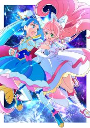 Rule 34 | 2girls, ankle boots, artist name, ascot, blue boots, blue bow, blue cape, blue dress, blue eyes, blue hair, boots, bow, braid, brooch, cape, center frills, clenched hands, commentary, crown braid, cure prism, cure sky, detached sleeves, dress, dress bow, earrings, elbow gloves, fighting, fingerless gloves, frilled dress, frills, fringe trim, frown, glove bow, gloves, gradient hair, green eyes, hair bow, hair ornament, highres, hirogaru sky! precure, jewelry, knee boots, layered dress, long hair, looking at another, magical girl, medium dress, multicolored hair, multiple girls, nijigaoka mashiro, open mouth, pink bow, pink hair, precure, puffy detached sleeves, puffy sleeves, red cape, side braids, signature, sleeveless, sleeveless dress, sora harewataru, streaked hair, thighhighs, tirofinire, twintails, two-sided cape, two-sided fabric, two-tone dress, two-tone hair, very long hair, white ascot, white boots, white bow, white dress, white gloves, white thighhighs, wing brooch, wing hair ornament
