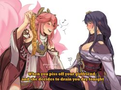 2girls blush closed_eyes commentary condom condom_packet_strip condom_wrapper eighth_note eloquinn english_commentary english_text fox_girl fox_tail genshin_impact highres holding holding_condom implied_futanari japanese_clothes long_hair multiple_girls multiple_tails musical_note open_mouth pink_hair purple_hair raiden_shogun sitting spoken_musical_note tail yae_miko yuri