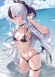 Rule 34 | 1girl, alternate costume, arm up, bikini, black bikini, black choker, black hair, black nails, blue archive, blush, breasts, choker, closed mouth, collarbone, day, ear piercing, halo, highres, jacket, kayoko (blue archive), ks (xephyrks), long sleeves, looking at viewer, low wings, medium hair, multicolored hair, nail polish, navel, o-ring, o-ring bikini, ocean, open clothes, open jacket, outdoors, piercing, red eyes, sidelocks, small breasts, solo, standing, stomach, swimsuit, thigh strap, thighs, two-tone hair, water, white hair, white jacket, wings