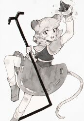 1girl absurdres animal_ears bishamonten&#039;s_pagoda capelet crystal dowsing_rod dungeon_toaster foot_out_of_frame greyscale highres inktober jewelry monochrome mouse_ears mouse_girl mouse_tail nazrin open_mouth pendant shirt simple_background skirt solo standing standing_on_one_leg tail teeth touhou traditional_media upper_teeth_only vest